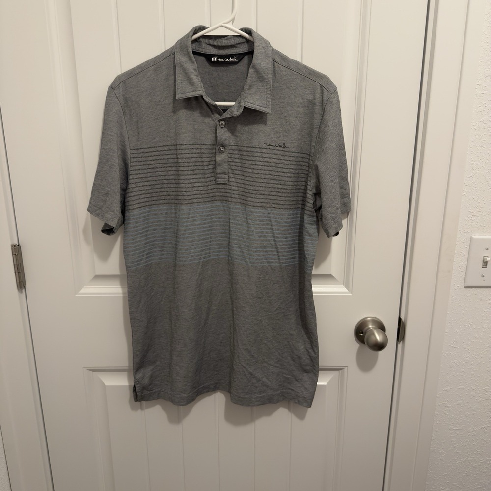 Travis Mathew Men's Gray Polo Black Blue Stripe‎ Front Size Medium